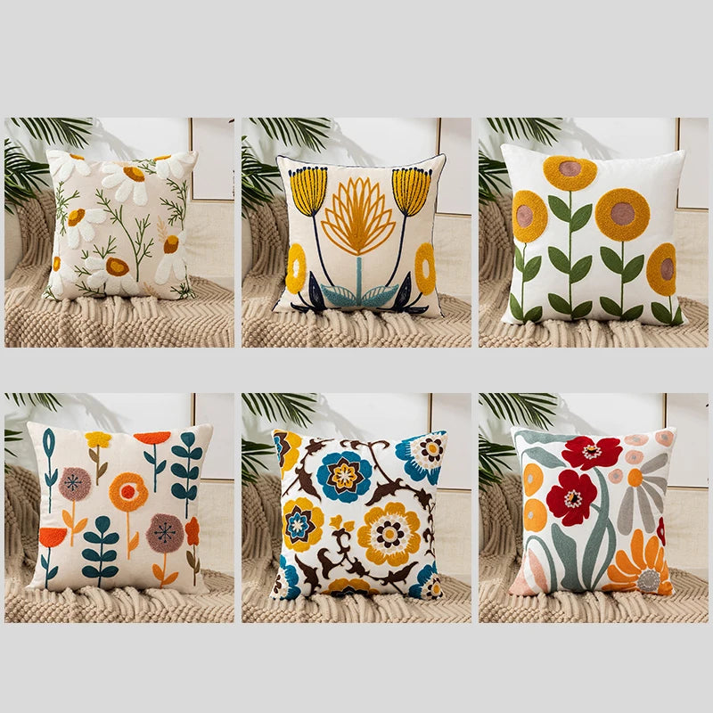 A beautifully designed Flower Embroidery Throw Pillow Cover featuring intricate floral patterns on a soft cotton fabric, perfect for home decor.