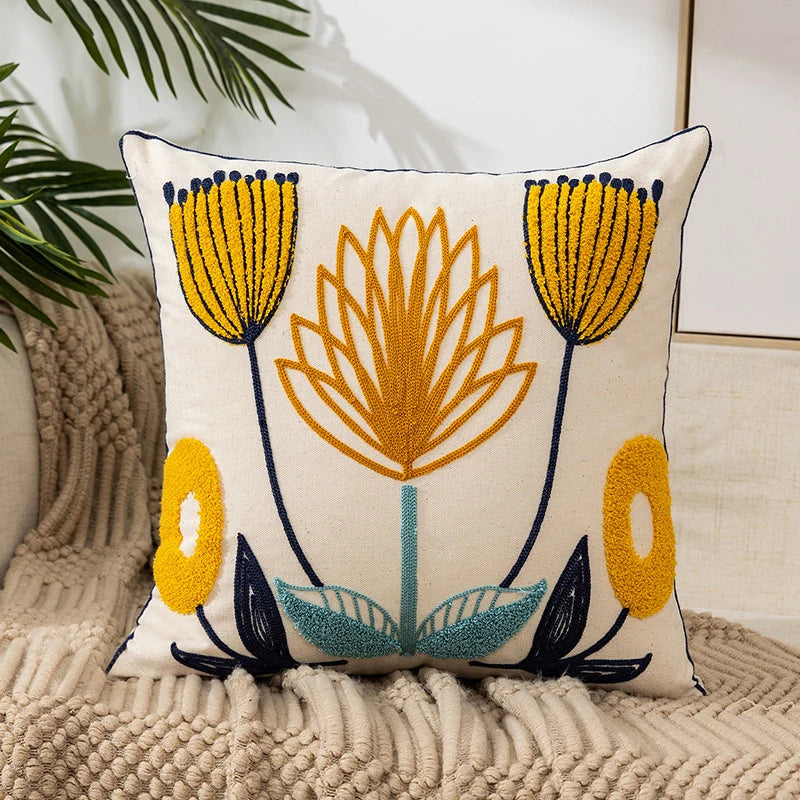A beautifully designed Flower Embroidery Throw Pillow Cover featuring intricate floral patterns on a soft cotton fabric, perfect for home decor.