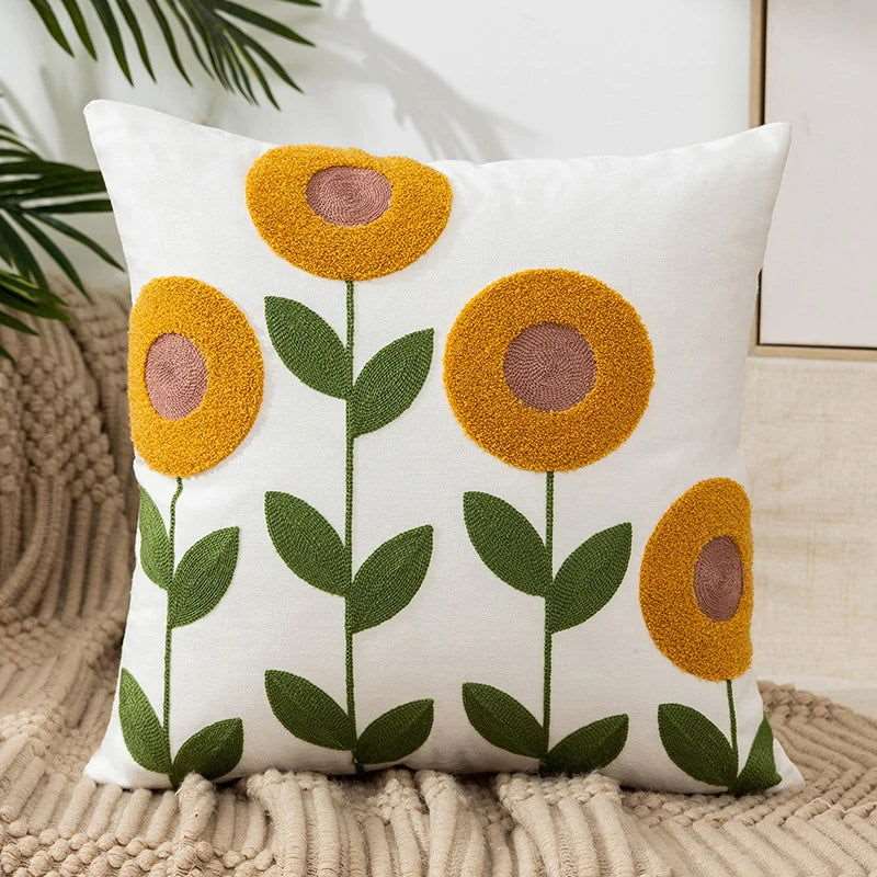 A beautifully designed Flower Embroidery Throw Pillow Cover featuring intricate floral patterns on a soft cotton fabric, perfect for home decor.