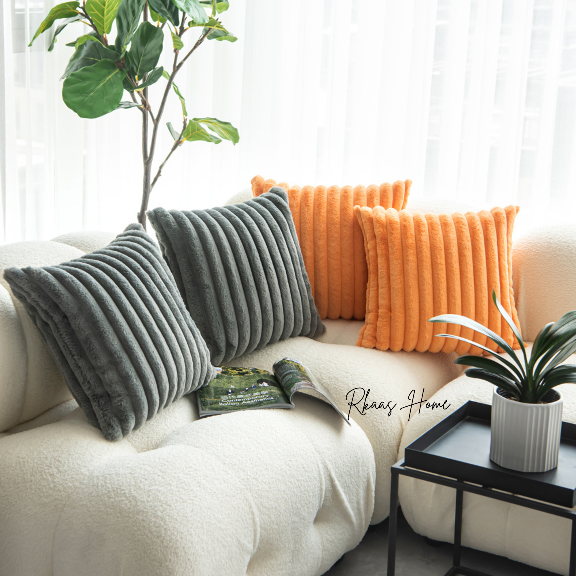 Fluffy striped soft plush faux fur cushion covers in corduroy style, measuring 45X45 cm, perfect for home decor.