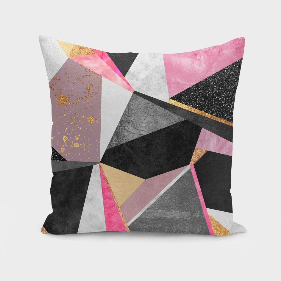 A stylish Geometry Pink Cushion featuring a vibrant geometric design, measuring 16x16 inches, with a concealed zipper for easy care.