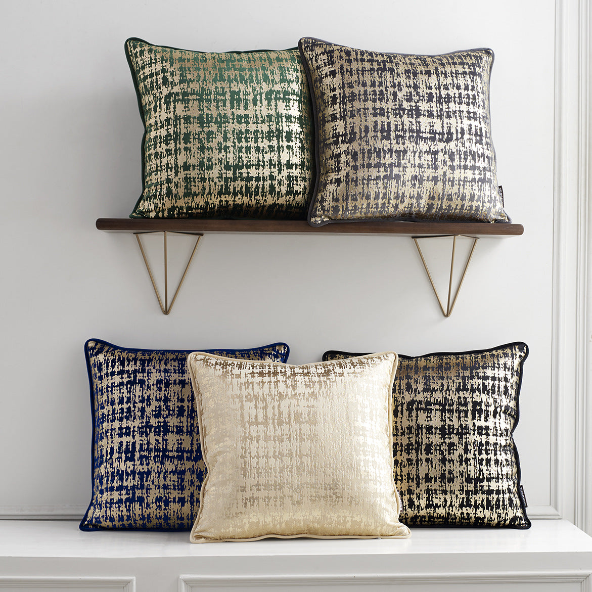 Gold Abstract Velvet Cushion Cover featuring a geometric pattern, perfect for home and hotel decor.