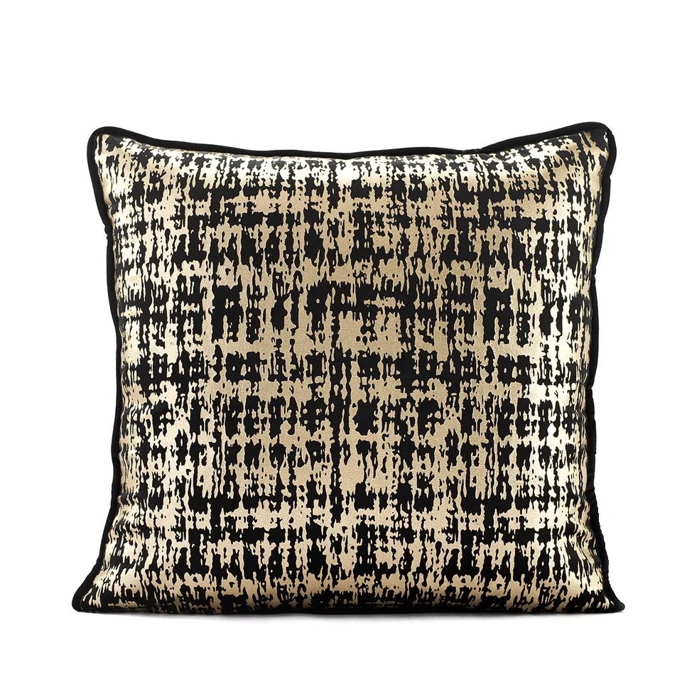 Gold Abstract Velvet Cushion Cover featuring a geometric pattern, perfect for home and hotel decor.