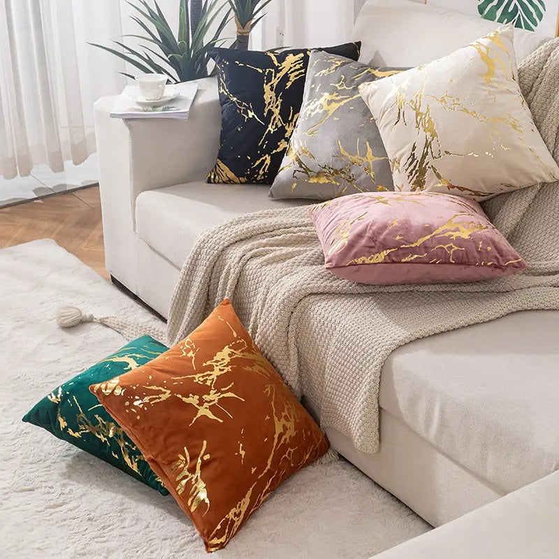 Gold marble pattern design velvet cushion covers in a square shape, measuring 45 x 45 cm, perfect for home and hotel decor.