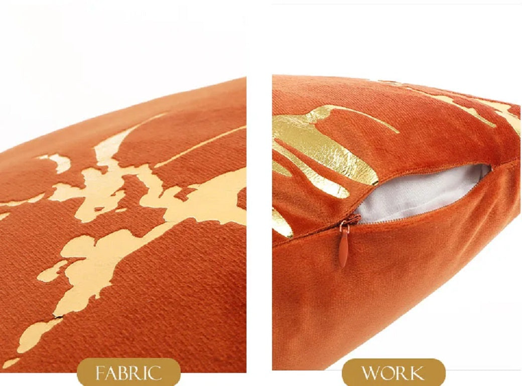 Gold marble pattern design velvet cushion covers in a square shape, measuring 45 x 45 cm, perfect for home and hotel decor.