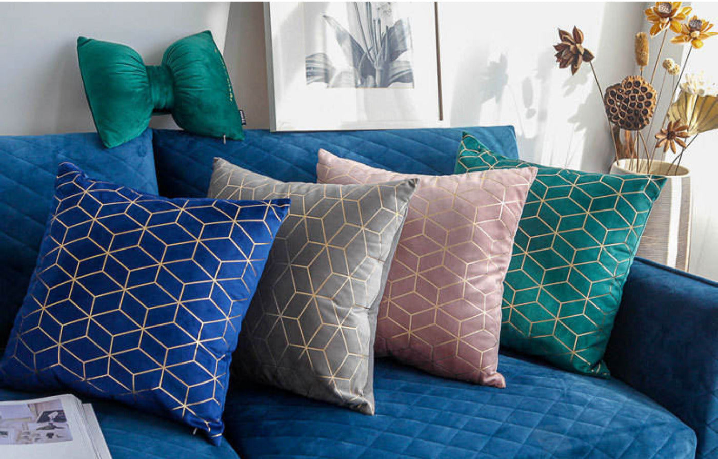 Luxurious gold printing pattern velvet cushion covers in a stylish geometric design, perfect for home and hotel decor.