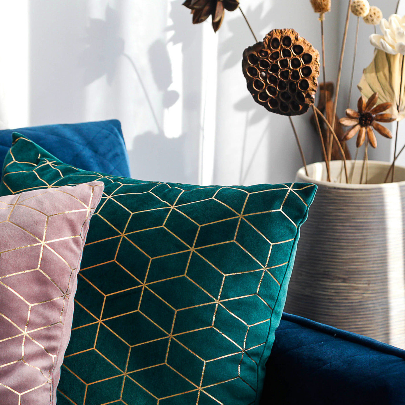 Luxurious gold printing pattern velvet cushion covers in a stylish geometric design, perfect for home and hotel decor.