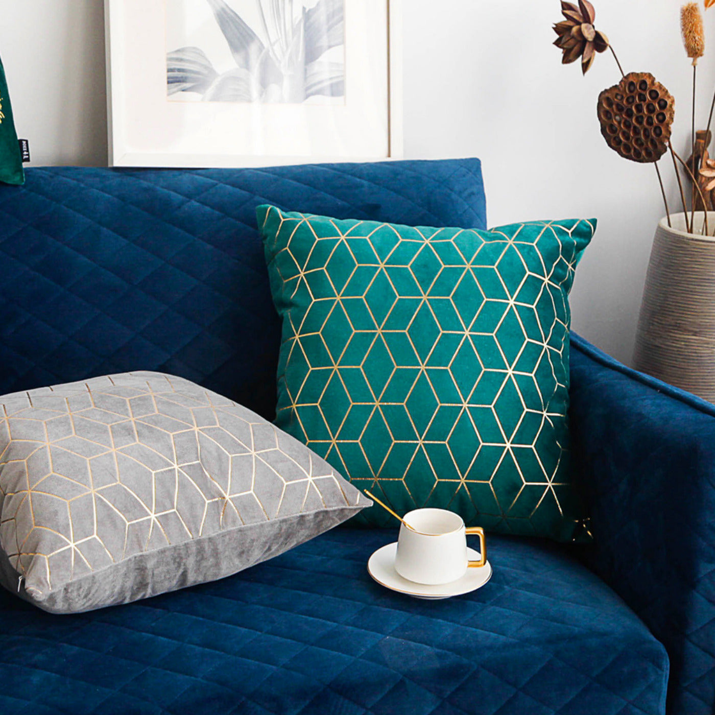 Luxurious gold printing pattern velvet cushion covers in a stylish geometric design, perfect for home and hotel decor.