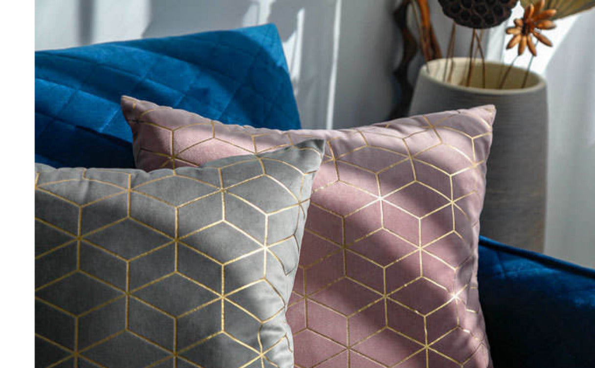 Luxurious gold printing pattern velvet cushion covers in a stylish geometric design, perfect for home and hotel decor.