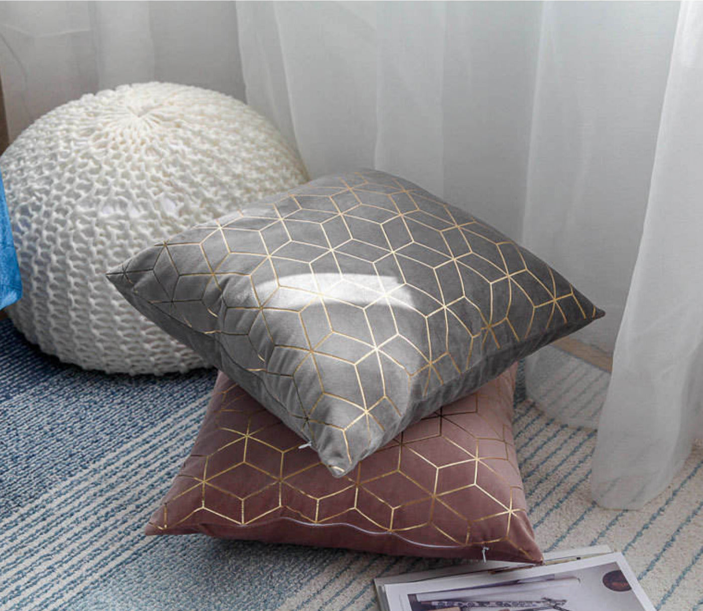 Luxurious gold printing pattern velvet cushion covers in a stylish geometric design, perfect for home and hotel decor.