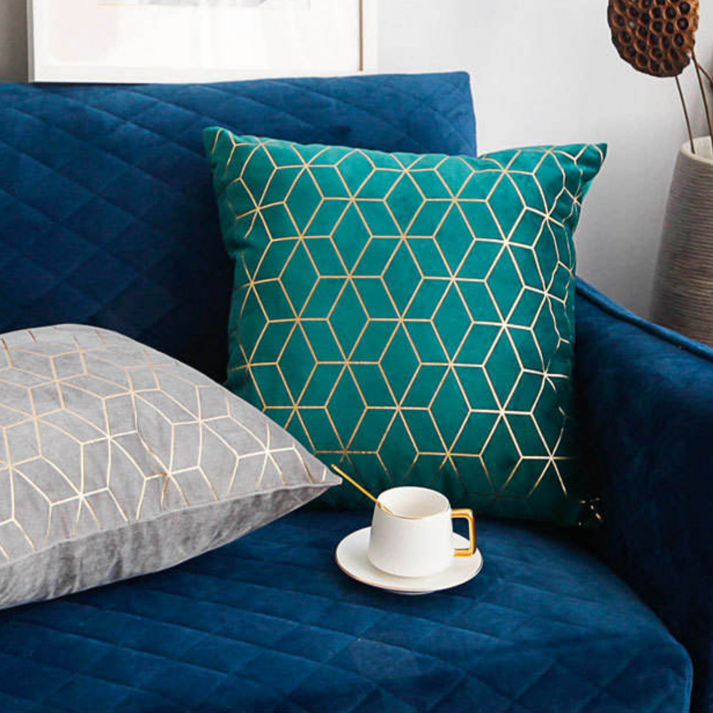 Luxurious gold printing pattern velvet cushion covers in a stylish geometric design, perfect for home and hotel decor.