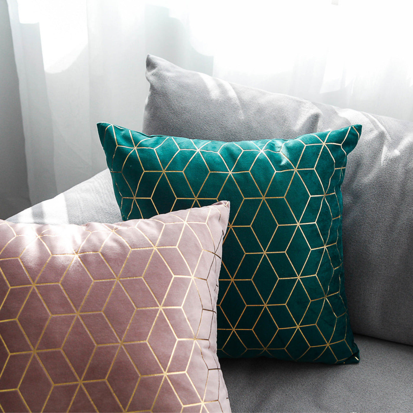 Luxurious gold printing pattern velvet cushion covers in a stylish geometric design, perfect for home and hotel decor.