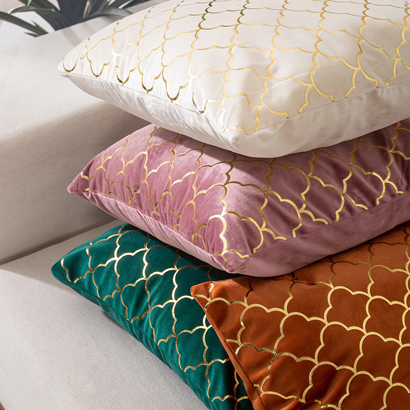 Gold scale pattern velvet cushion covers in a stylish square shape, measuring 45 x 45 cm, perfect for home or hotel decor.