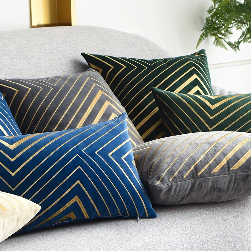 Gold striping embroidered velvet cushion cover, 18x18 inches, showcasing geometric pattern and luxurious texture.