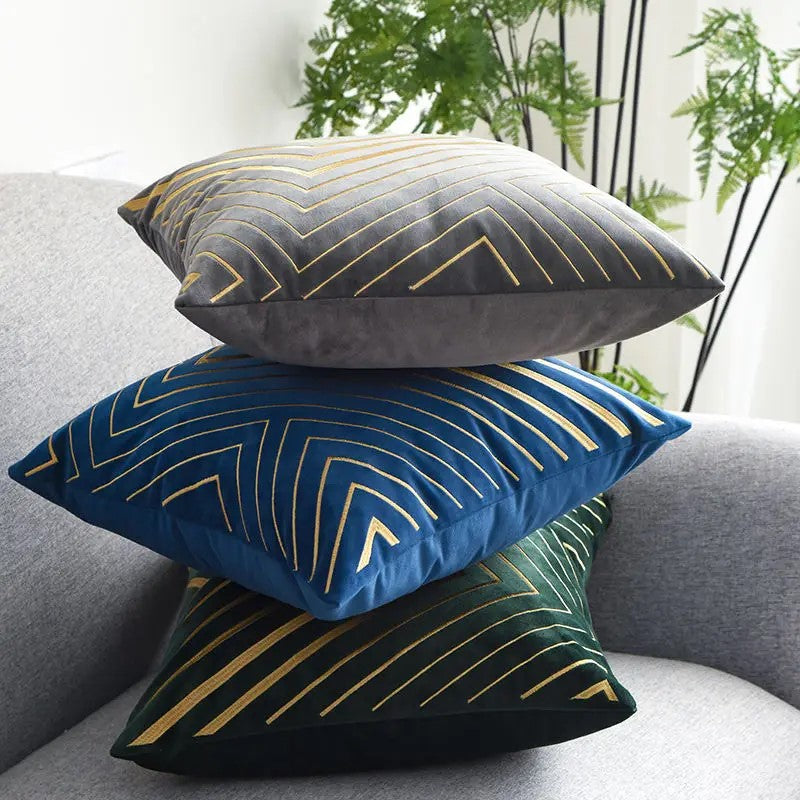 Gold striping embroidered velvet cushion cover, 18x18 inches, showcasing geometric pattern and luxurious texture.