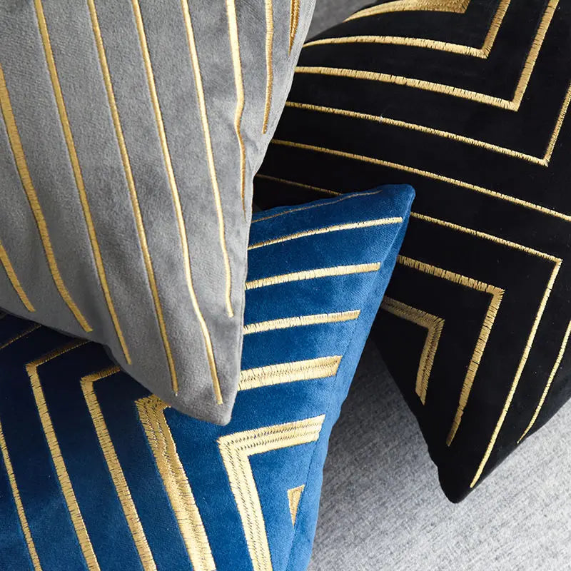 Gold striping embroidered velvet cushion cover, 18x18 inches, showcasing geometric pattern and luxurious texture.