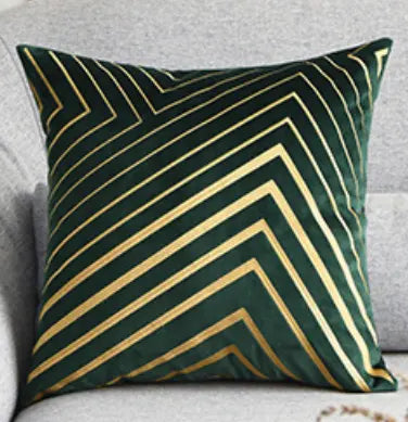Gold striping embroidered velvet cushion cover, 18x18 inches, showcasing geometric pattern and luxurious texture.