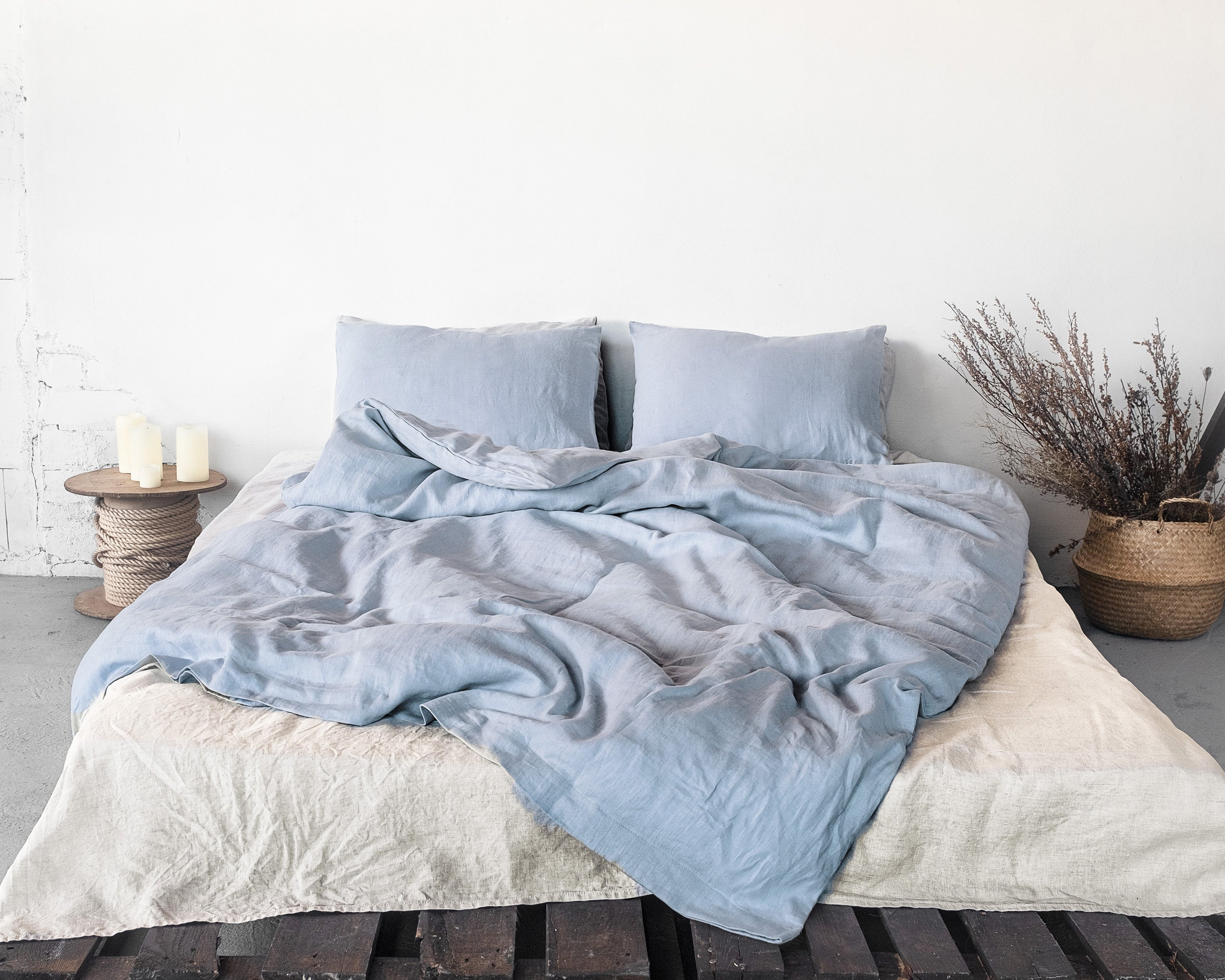 Ice Blue linen bedding set featuring a duvet cover with zipper closure, bedsheet, and pillowcases, showcasing a minimalist Scandinavian design.