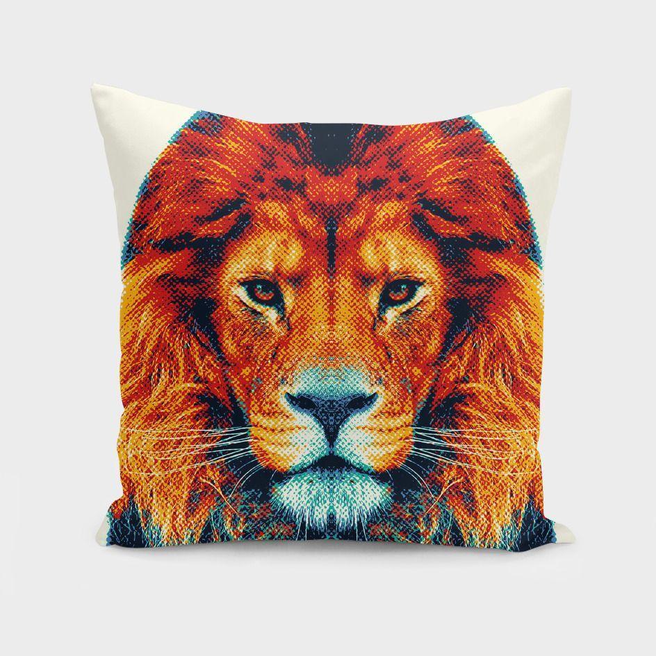 A colorful lion-themed cushion with a vibrant design, featuring a double-sided print and a concealed zipper, perfect for home decor.