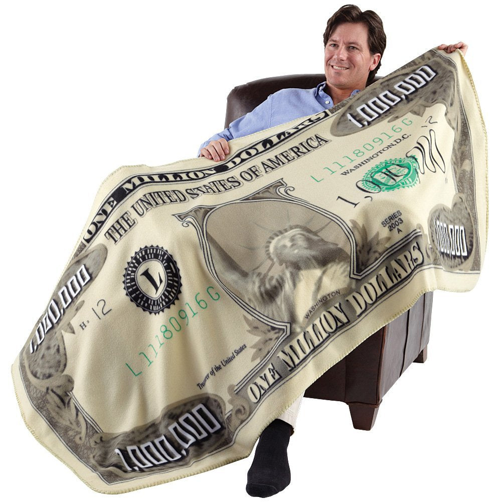 A plush Million-dollar Novelty Blanket made of high-quality flannel, featuring realistic prints and a cozy design, perfect for lounging or travel.