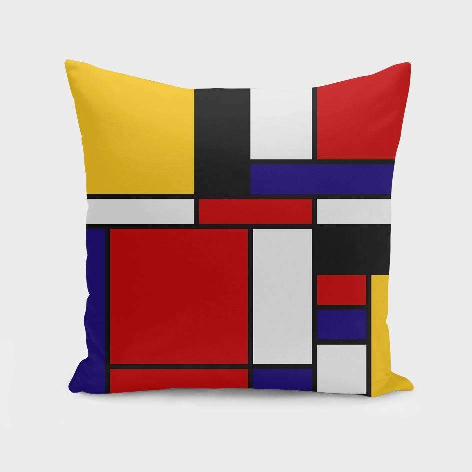 A stylish Mondrian De Stijl Art Movement Pillow featuring geometric patterns and vibrant colors, designed by Saadana Shanmukam, with a concealed zipper.
