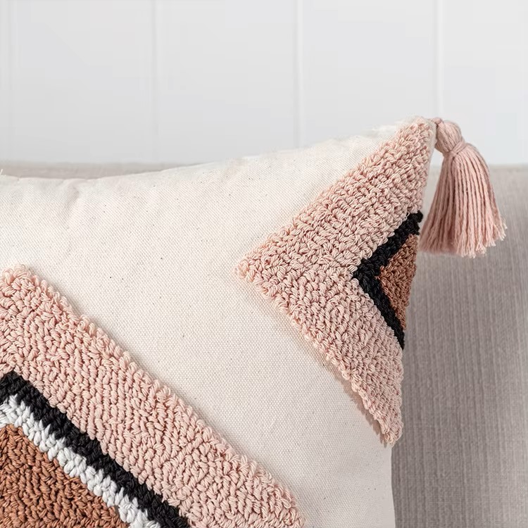A stylish Moroccan Cushion Cover in pink tufted design, showcasing its elegant texture and quality materials.