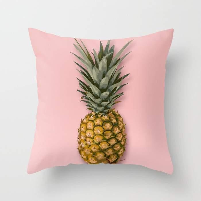 A vibrant pineapple throw pillow cover featuring a double-sided print, made from 100% spun polyester fabric, measuring 16x16 inches.
