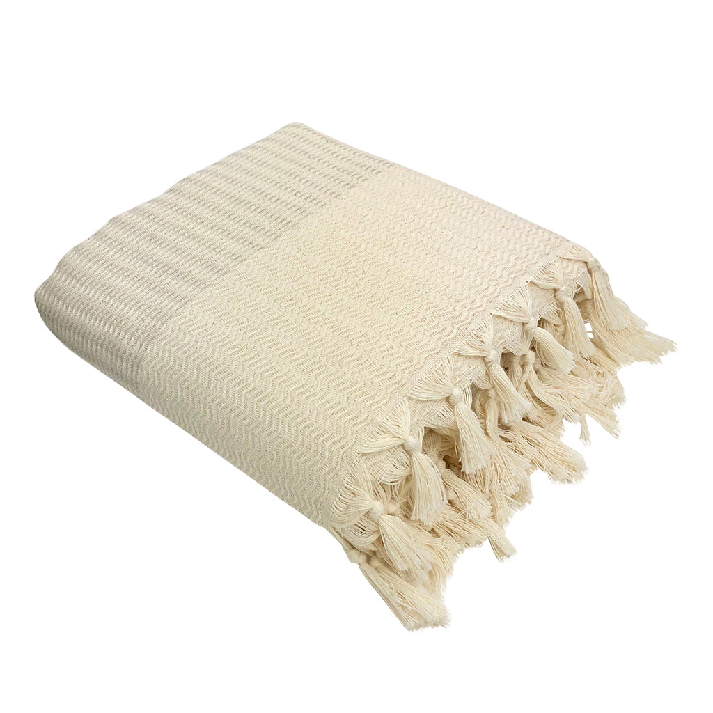 A cozy Plush Wavy Turkish Throw featuring intricate wave patterns and hand-knotted fringe, perfect for home decor.