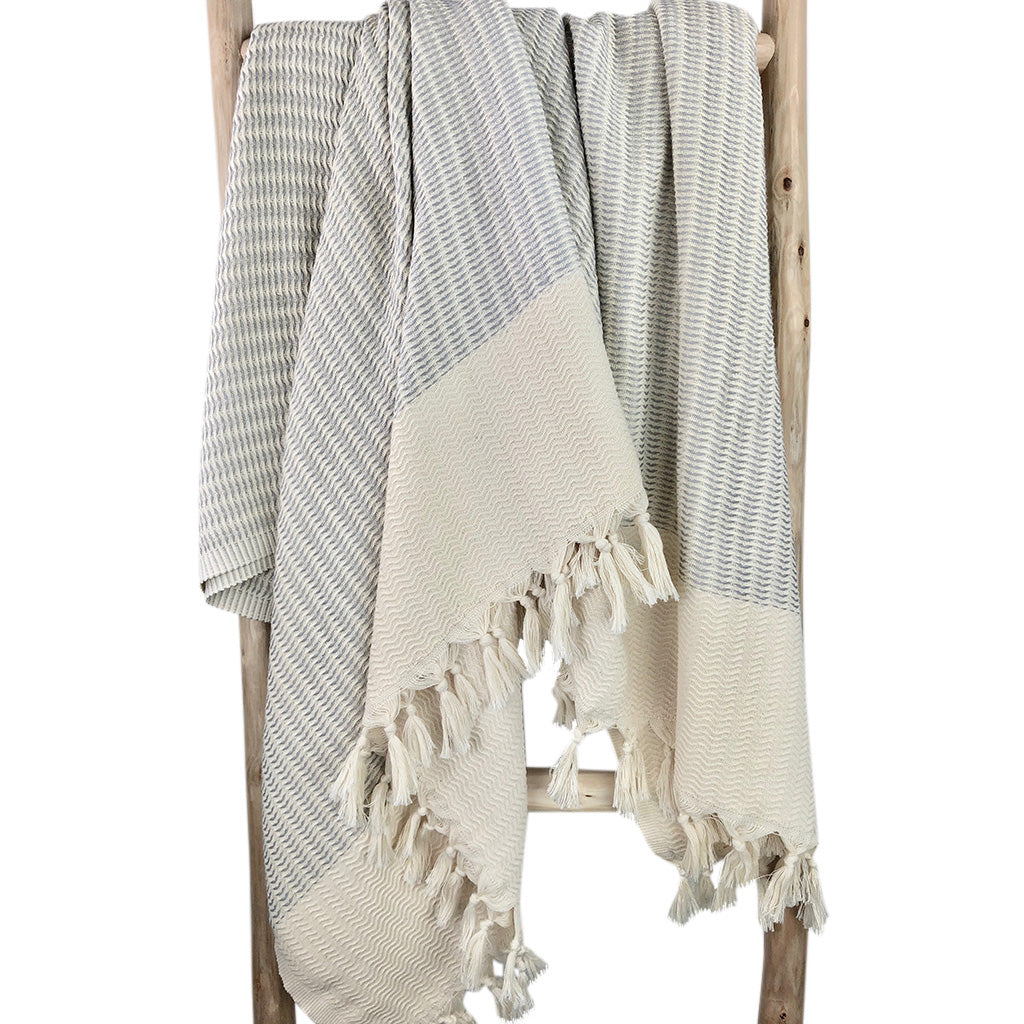 A cozy Plush Wavy Turkish Throw featuring intricate wave patterns and hand-knotted fringe, perfect for home decor.