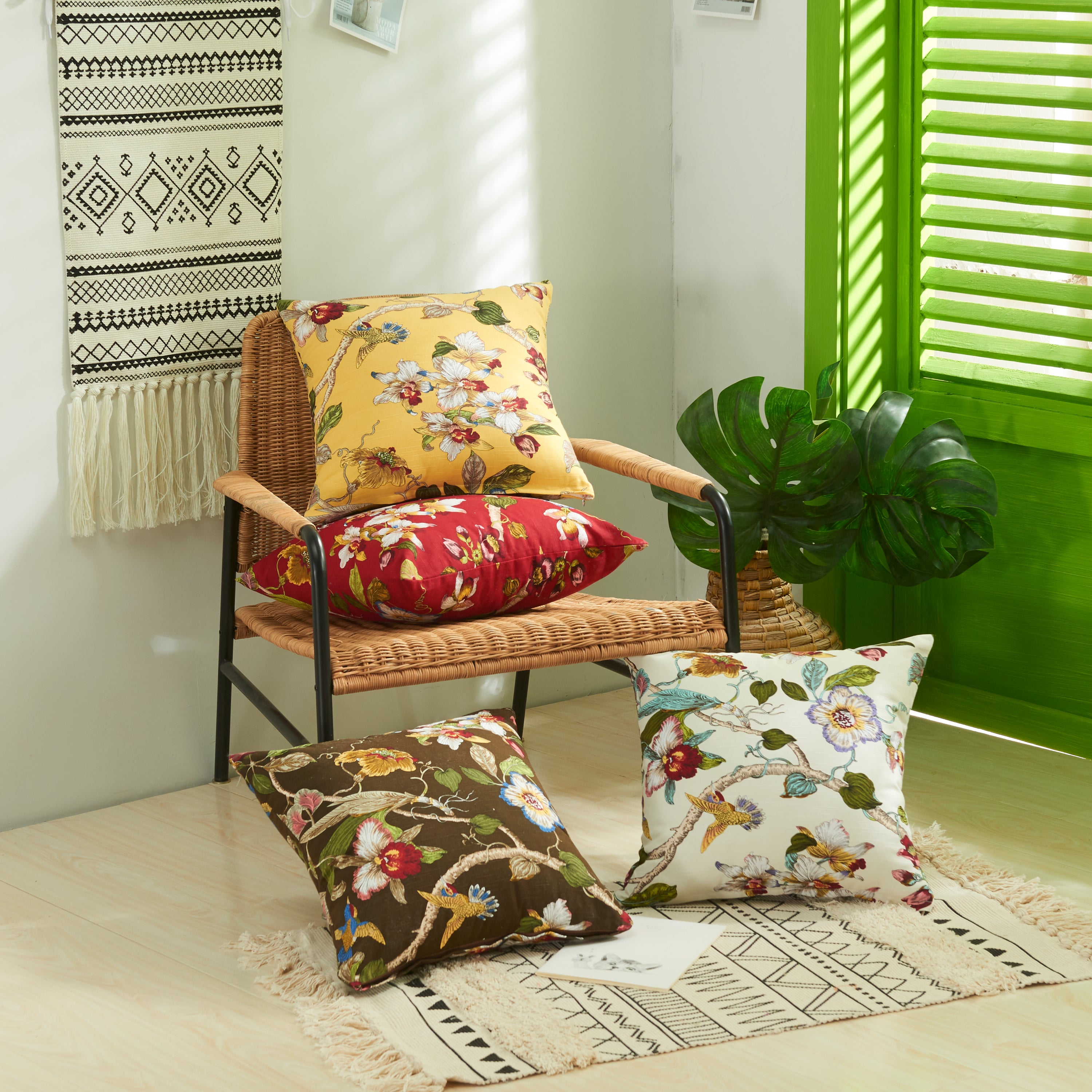 Polyester cotton double sided floral cushion covers in vibrant colors, measuring 45cm x 45cm, perfect for home decor.