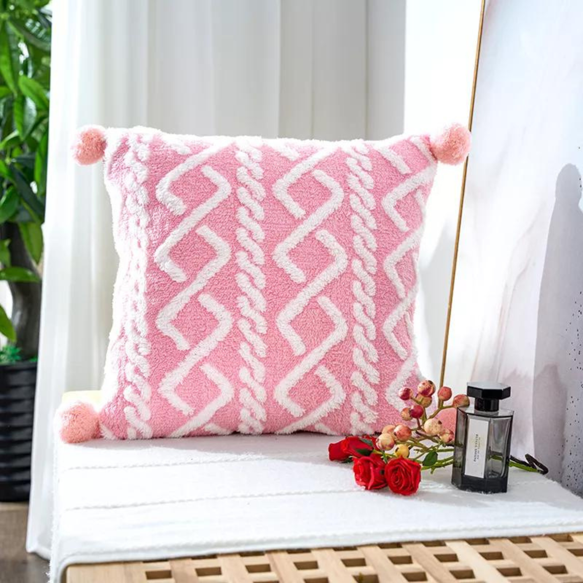 Pom Pom Fluffy Soft Plush Cushion Covers in Pink, 45X45 CM, featuring a soft texture and playful pom pom design.