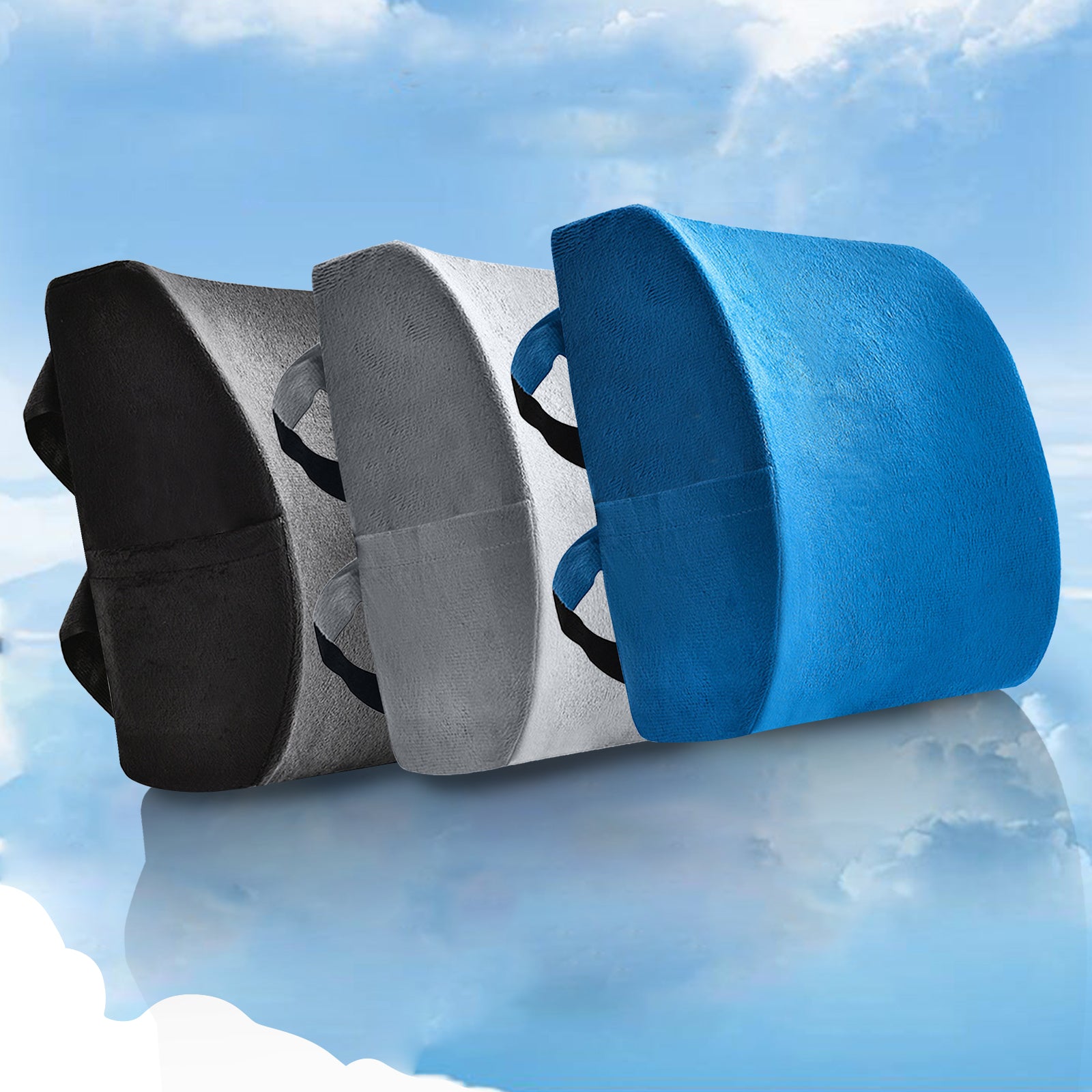 Premium Memory Foam Lumbar Support Cushion in black with adjustable straps, designed for lower back support and comfort.