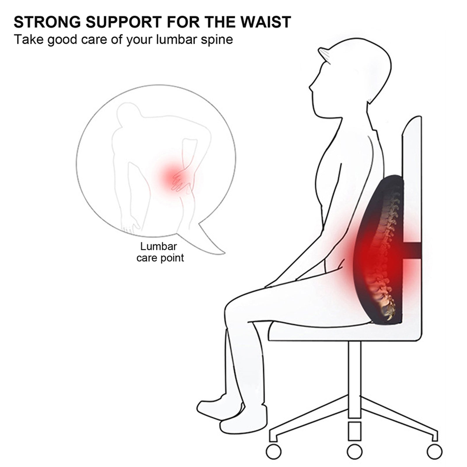 Premium Memory Foam Lumbar Support Cushion in black with adjustable straps, designed for lower back support and comfort.