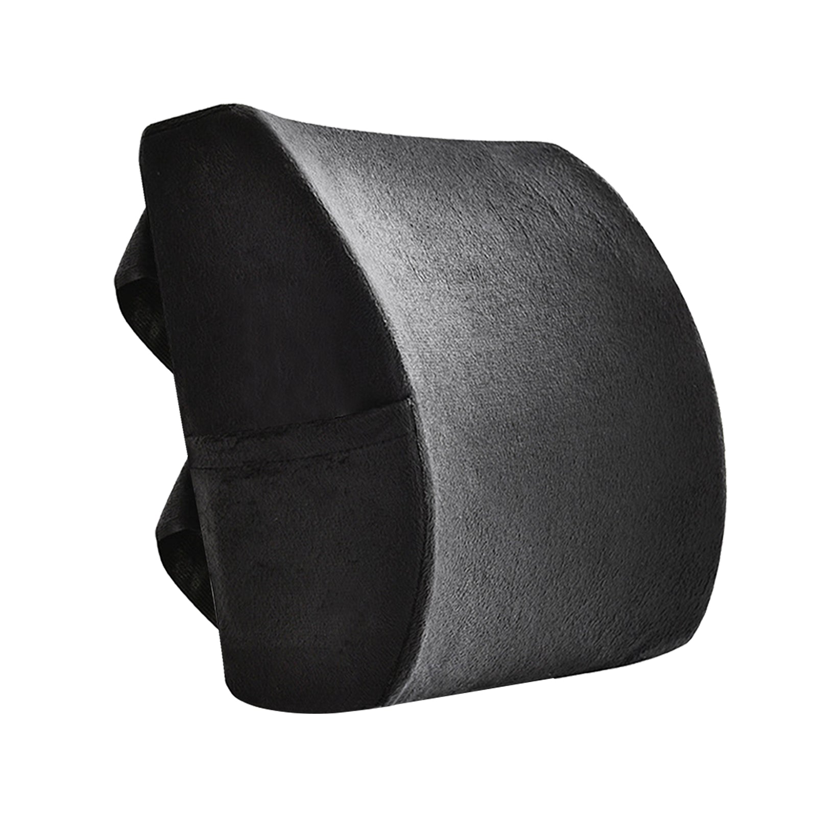 Premium Memory Foam Lumbar Support Cushion in black with adjustable straps, designed for lower back support and comfort.