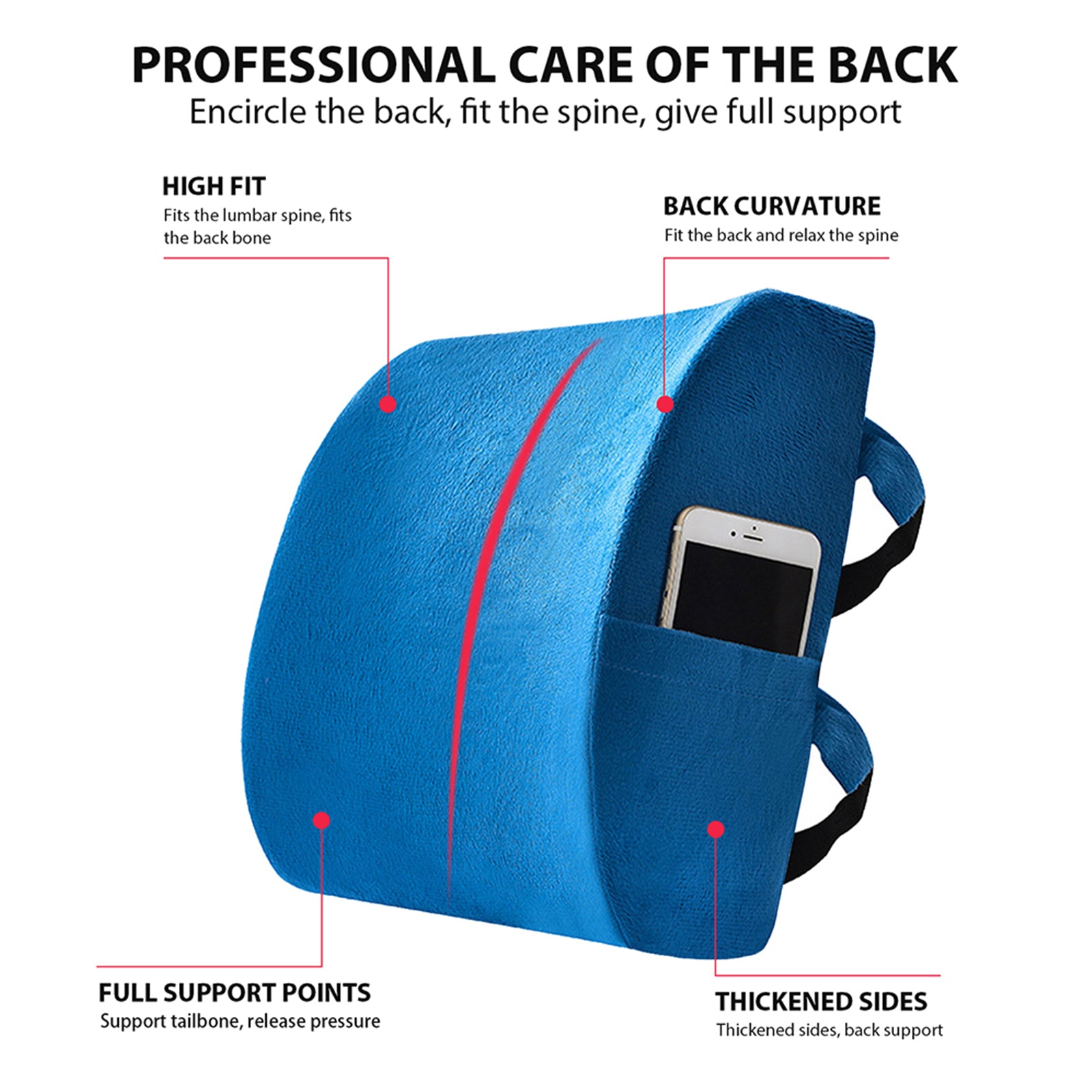 Premium Memory Foam Lumbar Support Cushion in black with adjustable straps, designed for lower back support and comfort.