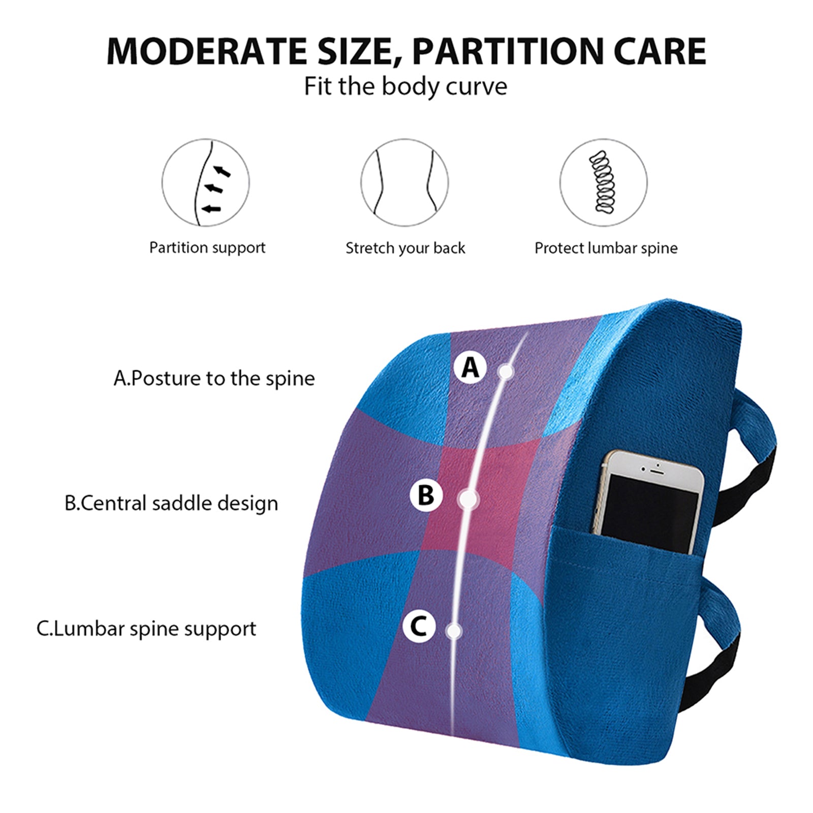 Premium Memory Foam Lumbar Support Cushion in black with adjustable straps, designed for lower back support and comfort.