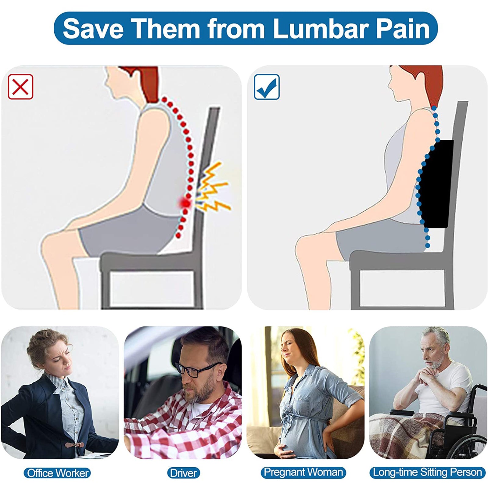 Premium Memory Foam Lumbar Support Cushion in black with adjustable straps, designed for lower back support and comfort.