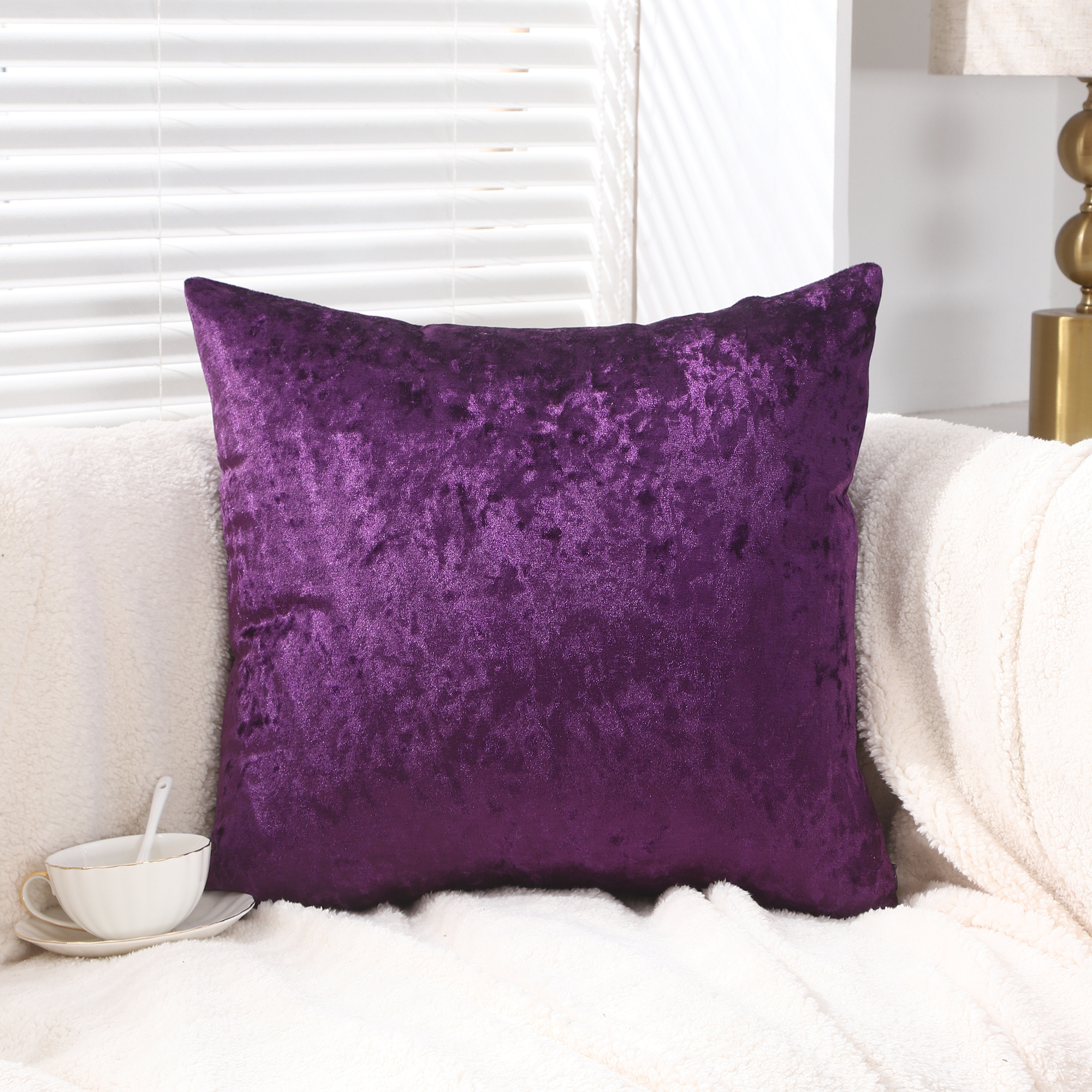 Purple crushed ice velvet square cushion cover, 45X45CM, featuring a striped pattern, ideal for home and hotel decor.