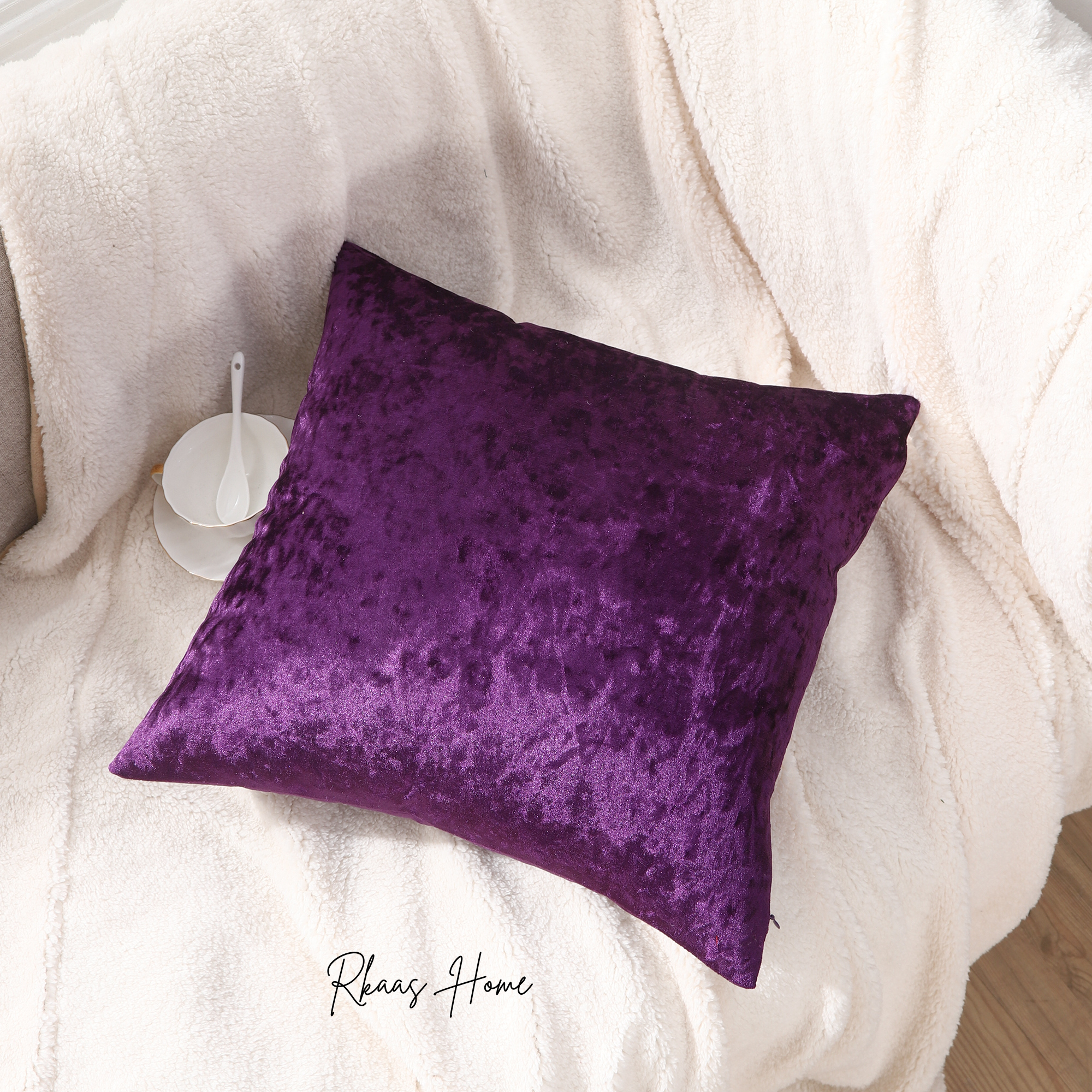 Purple crushed ice velvet square cushion cover, 45X45CM, featuring a striped pattern, ideal for home and hotel decor.