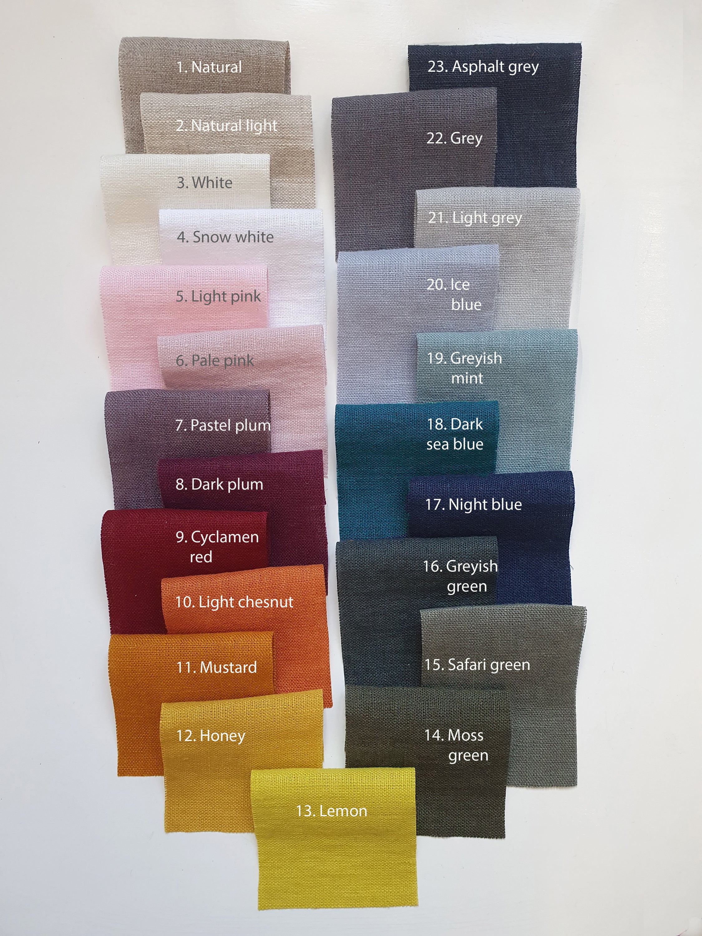 A collection of 10 vibrant linen fabric samples, showcasing various colors and textures, ideal for design projects.