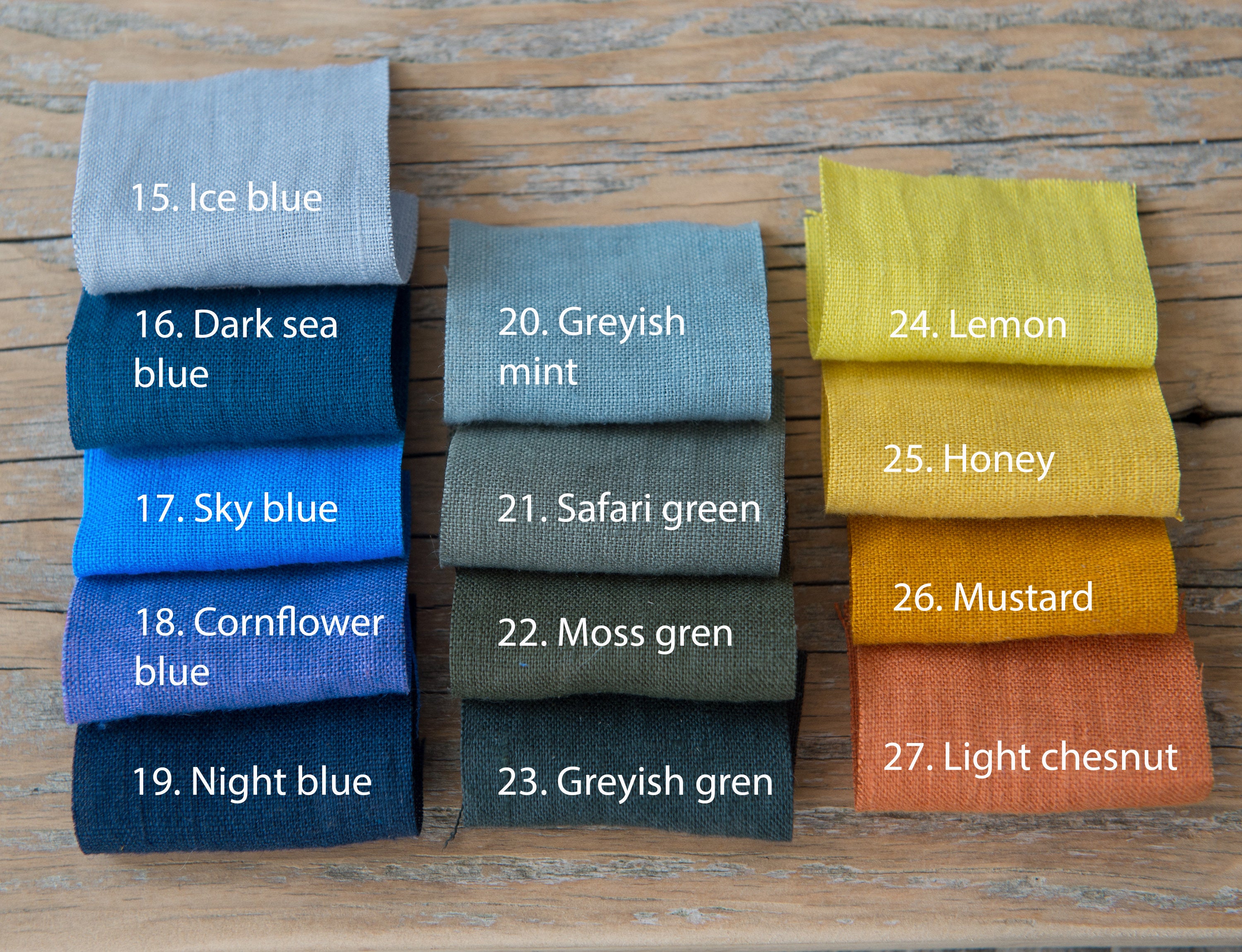 A collection of 10 vibrant linen fabric samples, showcasing various colors and textures, ideal for design projects.