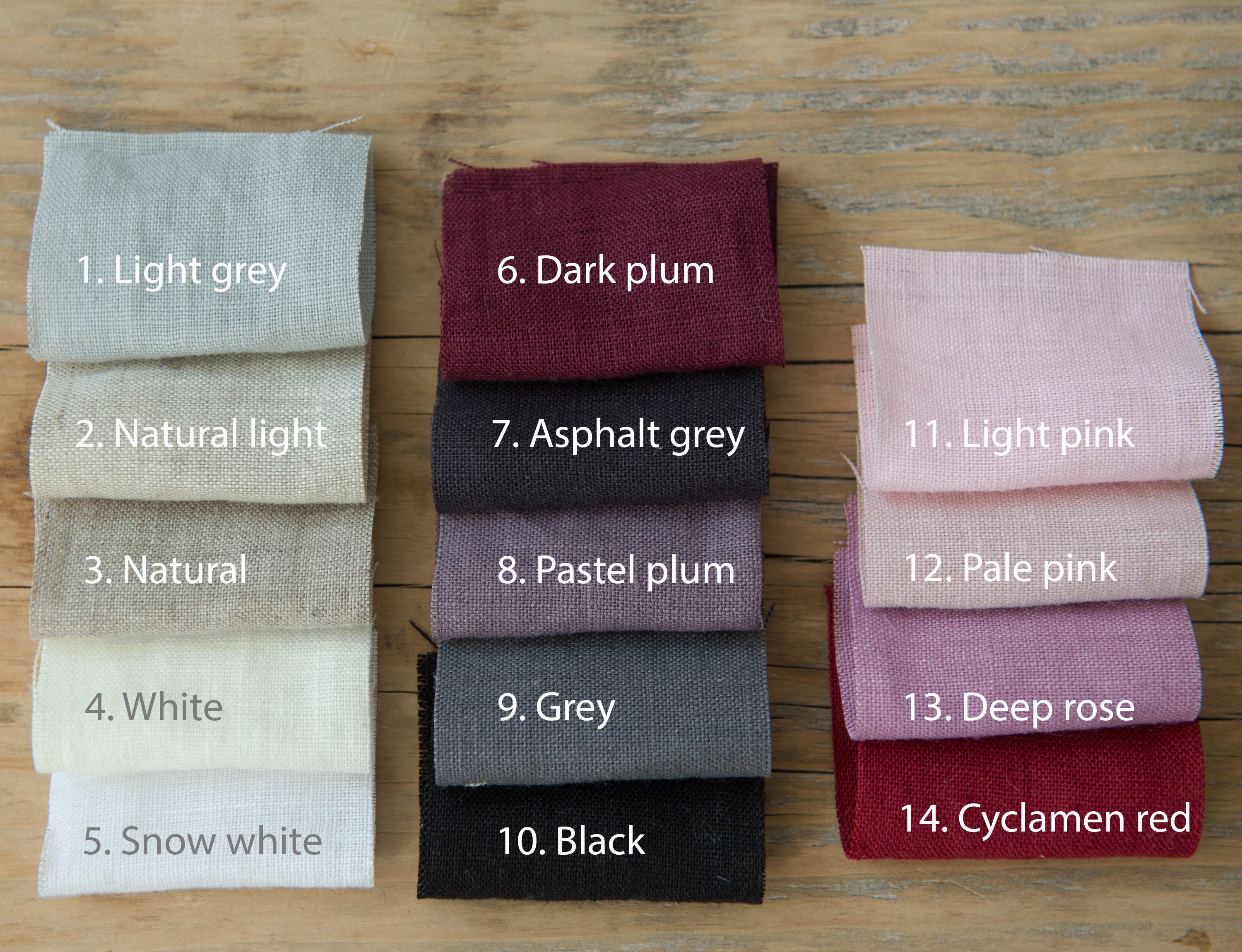 A collection of 10 vibrant linen fabric samples, showcasing various colors and textures, ideal for design projects.