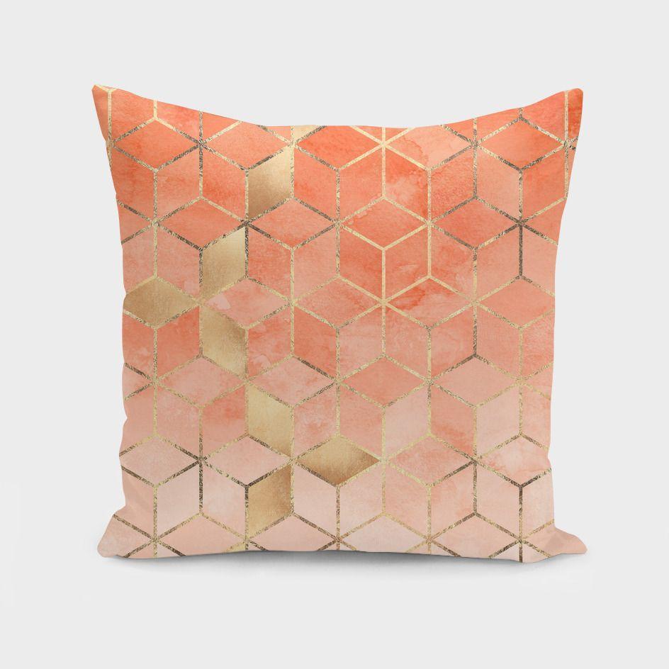 Soft Peach Gradient Cubes Cushion with double-sided print, featuring a concealed zipper, perfect for home decor.