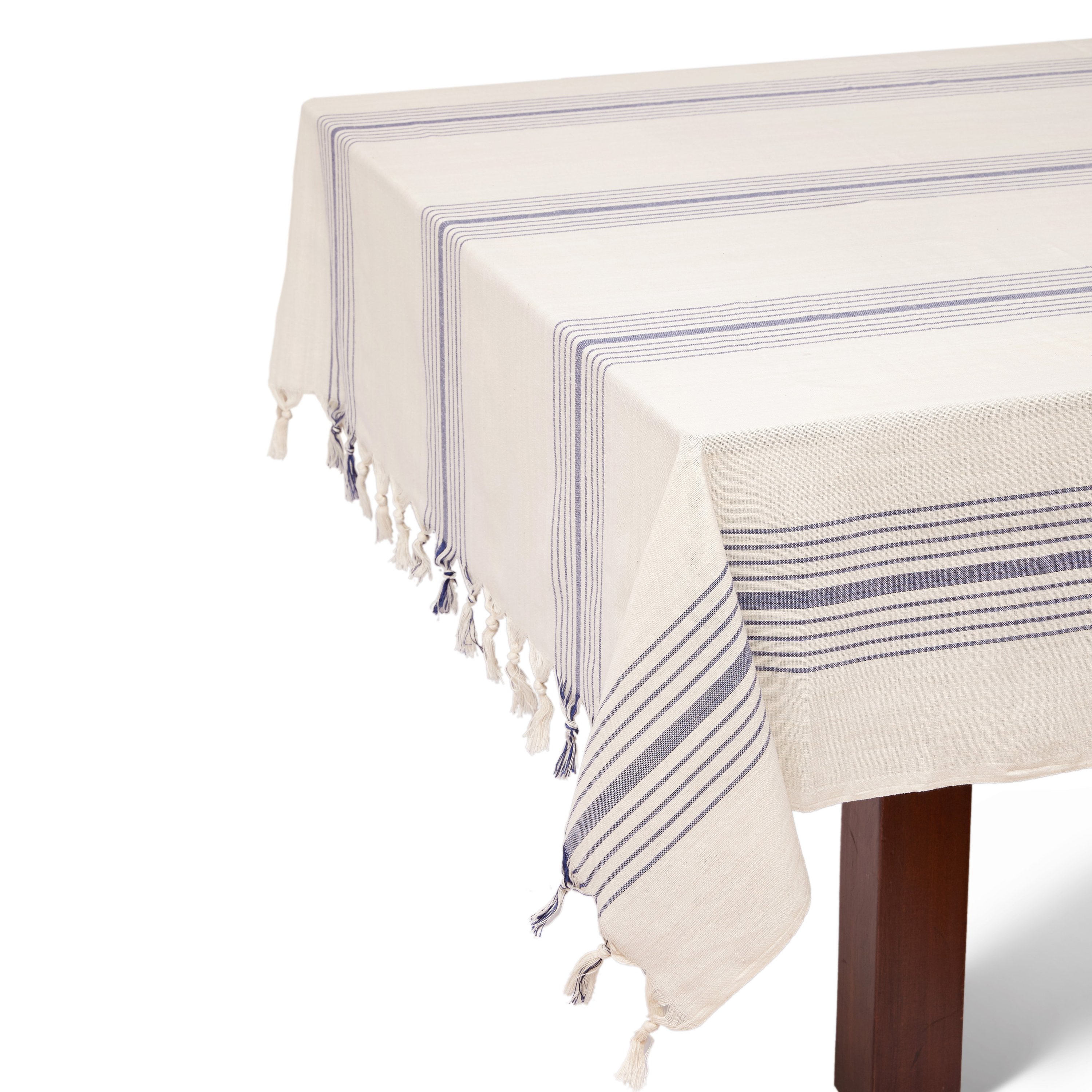 Sustainable Kayseri Tablecloth Set in Blue featuring elegant French stripes and handcrafted tassels, perfect for stylish dining.