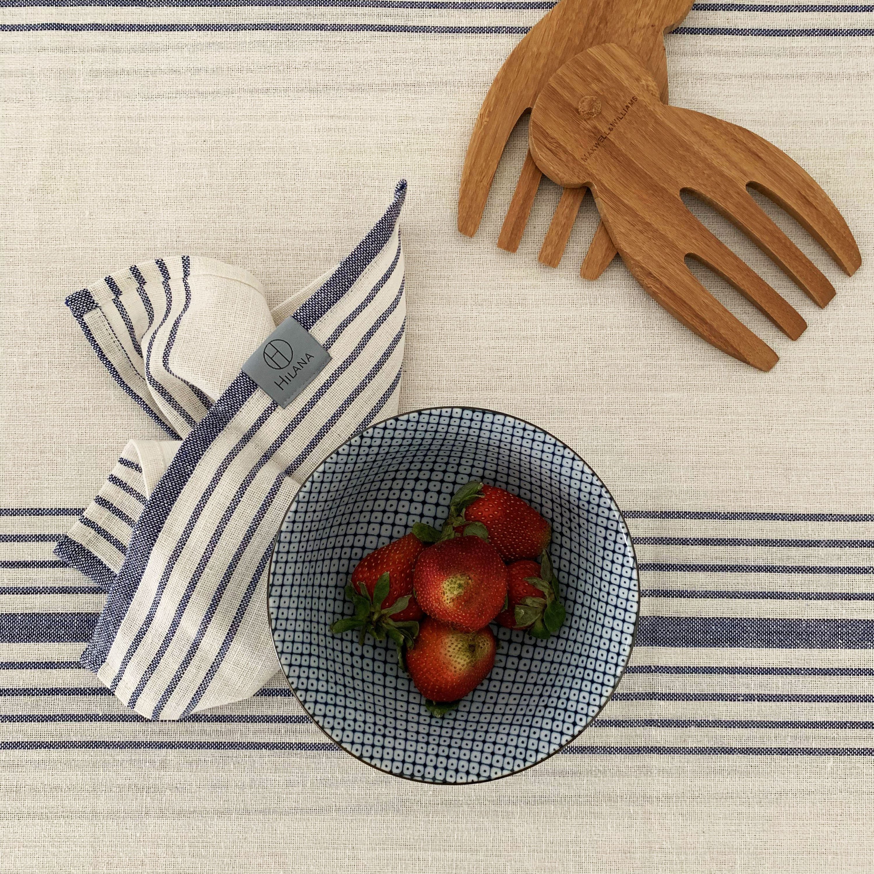 Sustainable Kayseri Tablecloth Set in Blue featuring elegant French stripes and handcrafted tassels, perfect for stylish dining.