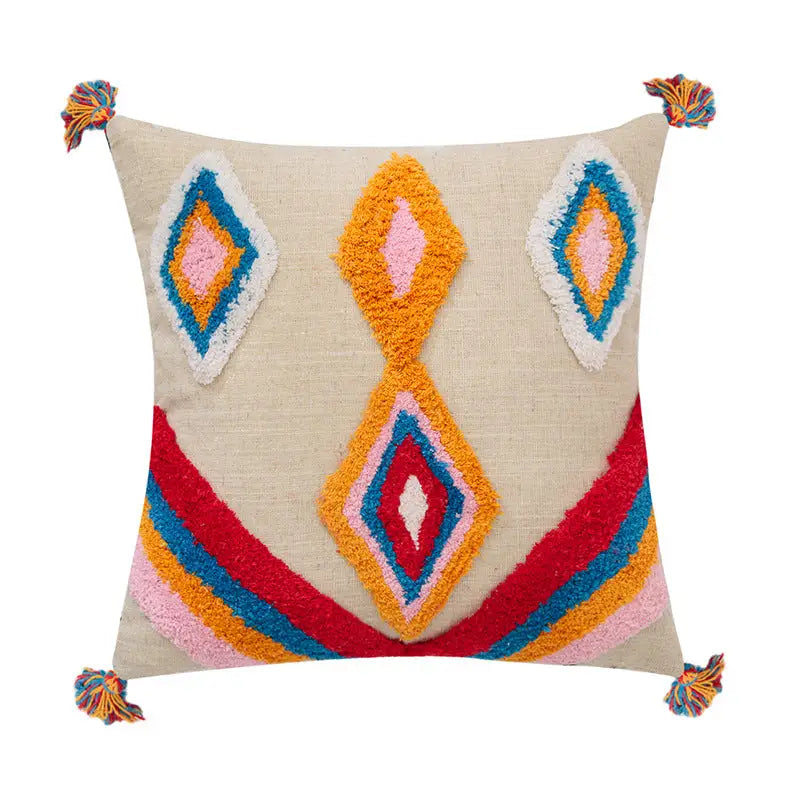 Handmade tassel tufted knitted cushion cover in geometric art design, featuring soft cotton and linen material with a zipper closure.