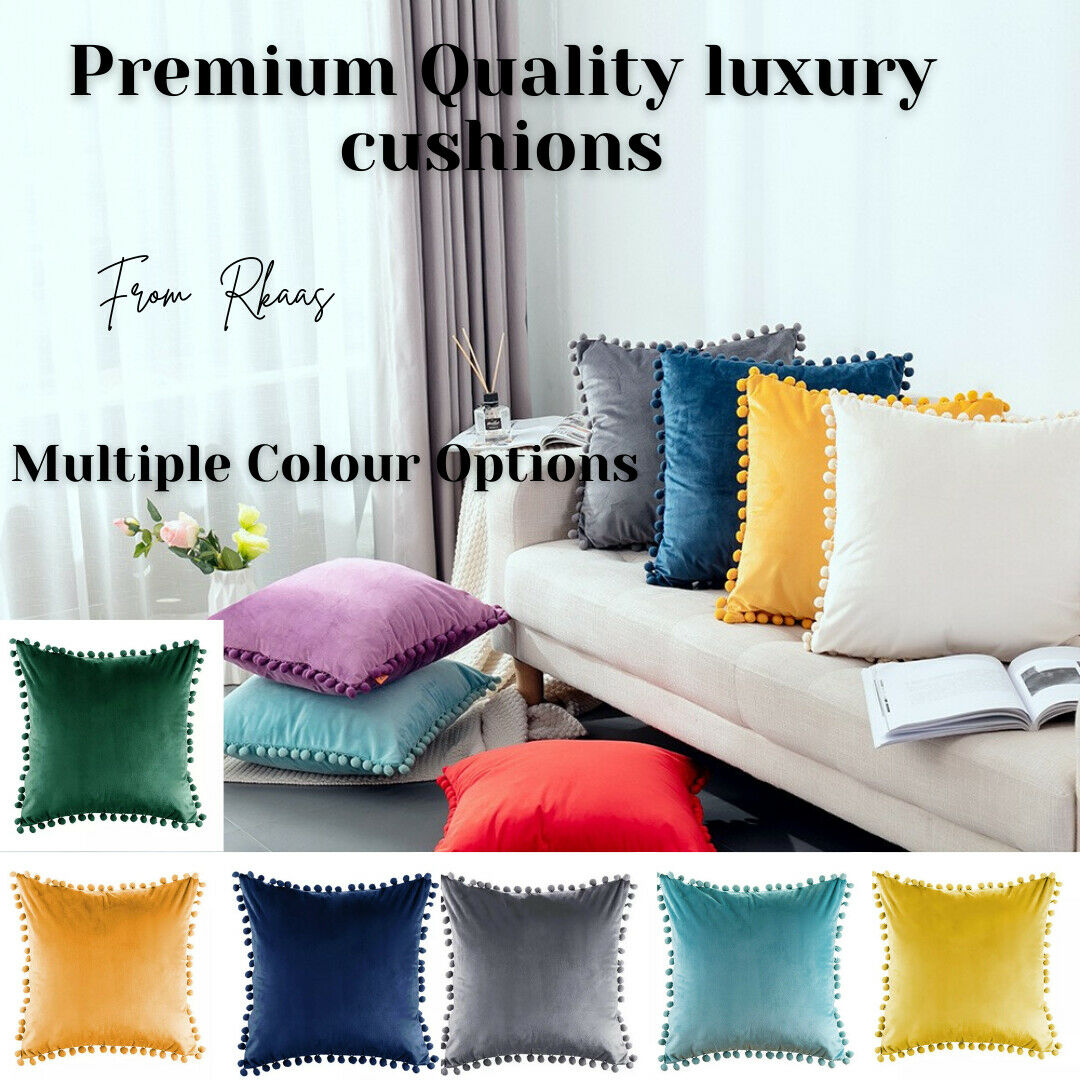 Tassel velvet cushion covers with pom poms in a stylish arrangement, showcasing their soft texture and vibrant color.