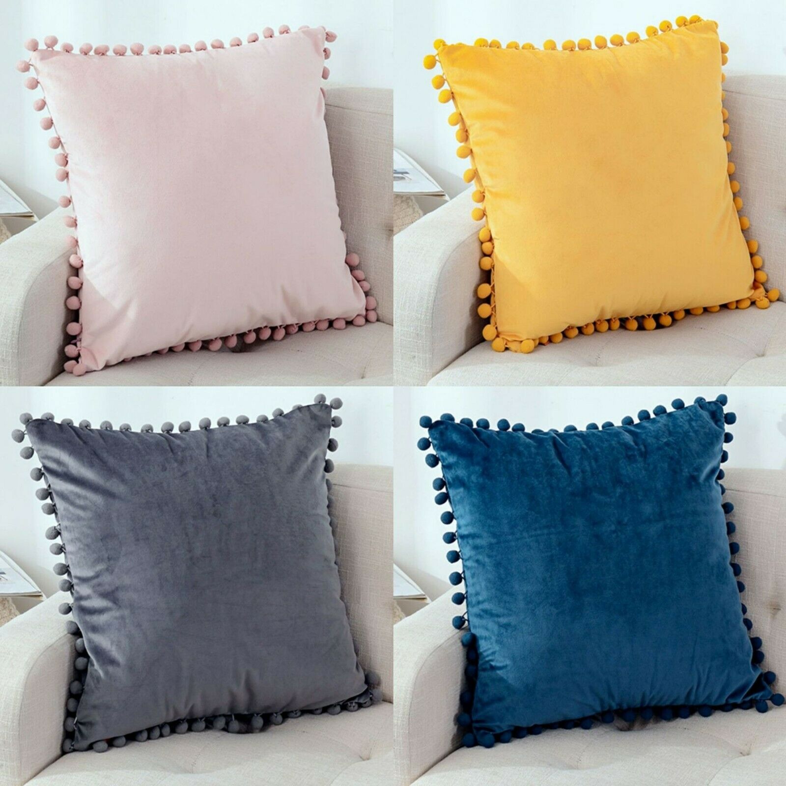 Tassel velvet cushion covers with pom poms in a stylish arrangement, showcasing their soft texture and vibrant color.