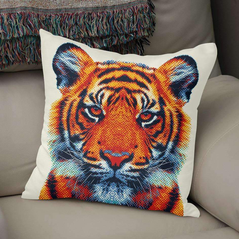 Tiger Colorful Animals Pillow featuring a vibrant tiger design on both sides, made from 100% spun polyester with a concealed zipper.