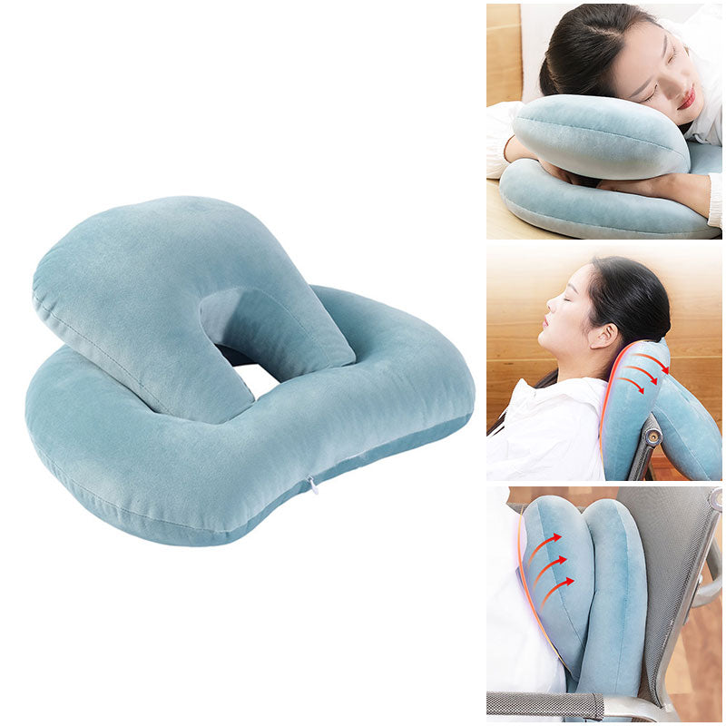 U-Shaped Desk Nap Pillow in various colors, designed for neck support and comfort during travel or desk use.